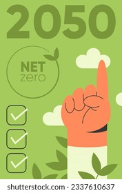 Climate action plan 2050. Zero co2 emissions. A hand surrounded by leaves indicates the sign of the year 2050. Checkboxes for the implementation of the plan. Generation of clean energy. Illustration f