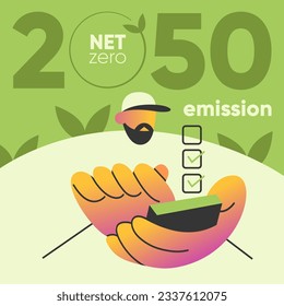 Climate action plan 2050. Zero co2 emissions. A man plans climate development until 2050 surrounded by leaves. Checkboxes for the implementation of the plan. Generation of clean energy. Illustration f