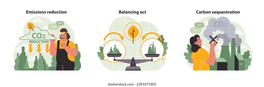 Climate Action set. Emissions reduced with nature's help. Achieving balance between urban and green space. Action against factory pollution. Sequestering carbon for cleaner air. vector illustration