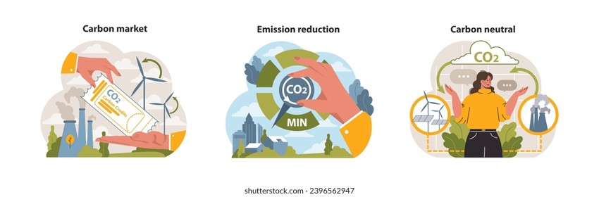 Climate action set. Hands minimizing emissions, a carbon credit ticket for trading, and a woman presenting a carbon-neutral initiative. Ecological awareness. Flat vector illustration.