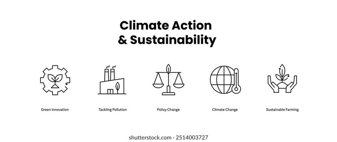 Ação climática e sustentabilidade. Ícones incluídos: Mudanças climáticas, Agricultura sustentável, Combate à poluição, Mudança política, Inovação ecológica. Limpar Ícones de Linha.