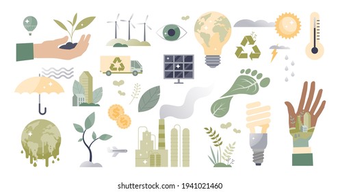 Climate action and sustainable environment lifestyle set tiny person concept. Isolated elements about alternative energy to save planet, carbon footprint and recycle topics. Global warming objects.