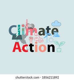 Climate Action Typographic Design. Effort To Reducing CO2 Emissions And Supporting Use Of Renewable Energy To Achieve Climate Action. Vector Illustration Outline Flat Design Style.