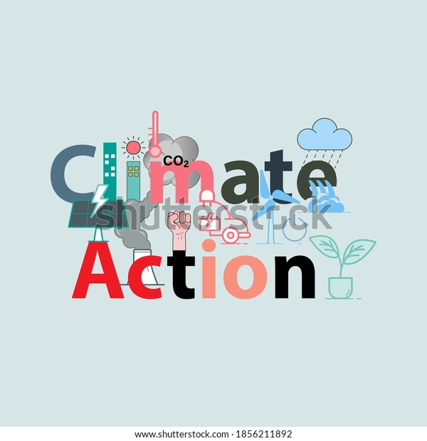 Climate\
action typographic design. Effort to reducing CO2 emissions and\
supporting use of renewable energy to achieve climate action.\
Vector illustration outline flat design\
style.