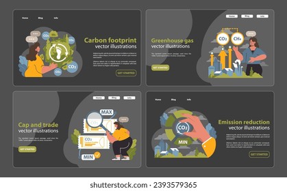 Climate action visuals web or landing set. Personal carbon footprint measurement, major greenhouse gases depicted, cap and trade system explained, and effective emission reduction. Flat vector