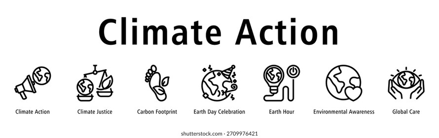 Ilustración vectorial de íconos del Anuncio del Web de la acción climática, la justicia climática, la huella de carbono, la celebración del Día de la Tierra, la Hora del Planeta, la conciencia ambiental y el cuidado global.
