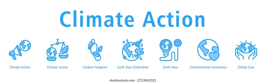 Ilustración vectorial de íconos del Anuncio del Web de la acción climática, la justicia climática, la huella de carbono, la celebración del Día de la Tierra, la Hora del Planeta, la conciencia ambiental y el cuidado global.