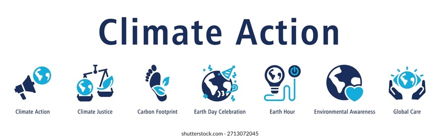 Ilustración vectorial de íconos del Anuncio del Web de la acción climática, la justicia climática, la huella de carbono, la celebración del Día de la Tierra, la Hora del Planeta, la conciencia ambiental y el cuidado global.