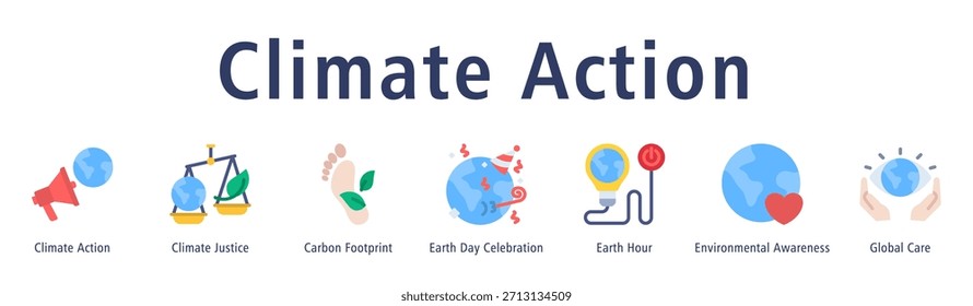 Ilustración vectorial de íconos del Anuncio del Web de la acción climática, la justicia climática, la huella de carbono, la celebración del Día de la Tierra, la Hora del Planeta, la conciencia ambiental y el cuidado global.