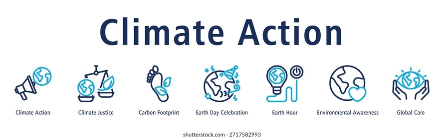 Ilustración vectorial de íconos del Anuncio del Web de la acción climática, la justicia climática, la huella de carbono, la celebración del Día de la Tierra, la Hora del Planeta, la conciencia ambiental y el cuidado global.