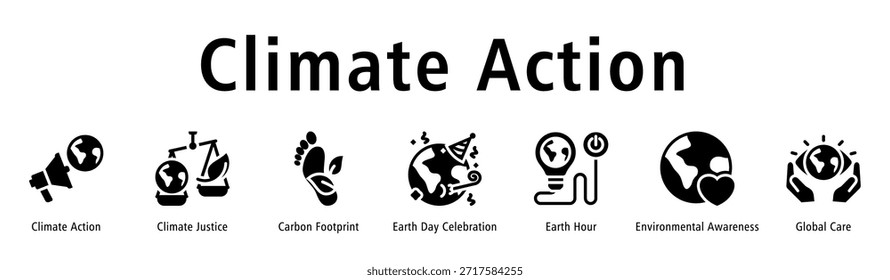 Ilustración vectorial de íconos del Anuncio del Web de la acción climática, la justicia climática, la huella de carbono, la celebración del Día de la Tierra, la Hora del Planeta, la conciencia ambiental y el cuidado global.