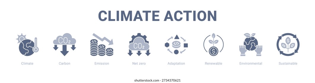 Acción por el Clima Web Icono de Anuncio Concepto de Ilustración vectorial, con Icono de Clima, Carbono, Emisiones, Cero Neto, Adaptación, Renovable.