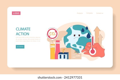 Climate action web or landing. Addressing global warming through emission reduction and sustainable practices. Advocating for a cooler planet. Flat vector illustration