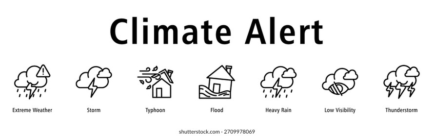 Ilustração vetorial do ícone da bandeira da Web do Alerta Climático com ícones de Clima Extremo, Tempestade, Tufão, Enchente, Chuva Forte, Baixa Visibilidade e Tempestade.