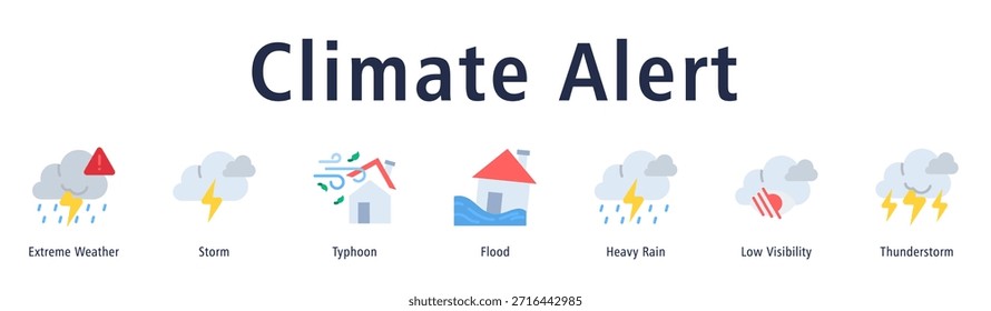 Webbanner-Symbol für Klimawarnung, Vektorgrafik mit Symbolen für Extremwetter, Sturm, Taifun, Flut, Starkregen, geringe Sicht und Gewitter.