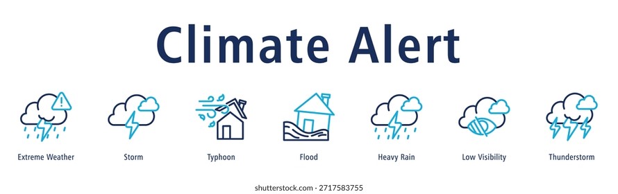 Ilustración vectorial de íconos de Anuncio de Web con íconos de Clima extremo, tormenta, tifón, inundación, lluvia fuerte, baja visibilidad y tormenta eléctrica.