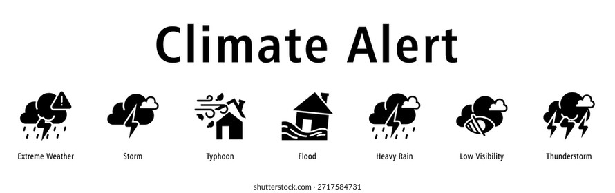Ilustración vectorial de íconos de Anuncio de Web con íconos de Clima extremo, tormenta, tifón, inundación, lluvia fuerte, baja visibilidad y tormenta eléctrica.
