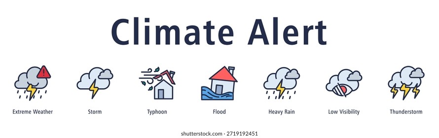Ilustración vectorial de íconos de Anuncio de Web con íconos de Clima extremo, tormenta, tifón, inundación, lluvia fuerte, baja visibilidad y tormenta eléctrica.