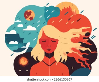 Climate anxiety and crisis vector illustration. Perfect for illustrating psychological distress and the effect because of natural disasters, forest fires, and global warming issues. Eco concept