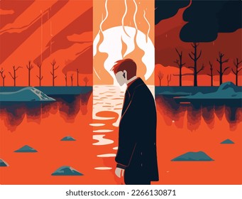 La ansiedad climática y la ilustración vectorial de la crisis. Perfecto para ilustrar el malestar psicológico y el efecto de los desastres naturales, los incendios forestales y las cuestiones relativas al calentamiento planetario. Concepto ecológico