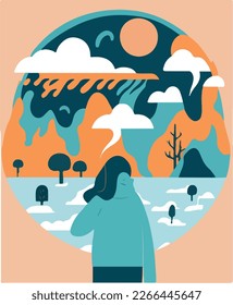 Climate anxiety and crisis vector illustration. Perfect for illustrating psychological distress and the effect because of natural disasters, forest fires, and global warming issues. Eco concept