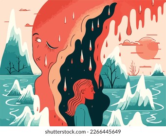 La ansiedad climática y la ilustración vectorial de la crisis. Perfecto para ilustrar el malestar psicológico y el efecto de los desastres naturales, los incendios forestales y las cuestiones relativas al calentamiento planetario. Concepto ecológico