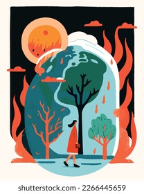 La ansiedad climática y la ilustración vectorial de la crisis. Perfecto para ilustrar el malestar psicológico y el efecto de los desastres naturales, los incendios forestales y las cuestiones relativas al calentamiento planetario. Concepto ecológico