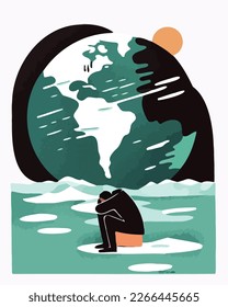 La ansiedad climática y la ilustración vectorial de la crisis. Perfecto para ilustrar el malestar psicológico y el efecto de los desastres naturales, los incendios forestales y las cuestiones relativas al calentamiento planetario. Concepto ecológico