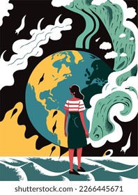 Climate anxiety and crisis vector illustration. Perfect for illustrating psychological distress and the effect because of natural disasters, forest fires, and global warming issues. Eco concept