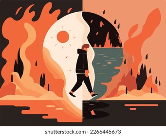 Climate anxiety and crisis vector illustration. Perfect for illustrating psychological distress and the effect because of natural disasters, forest fires, and global warming issues. Eco concept