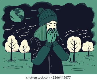 Climate anxiety and crisis vector illustration. Perfect for illustrating psychological distress and the effect because of natural disasters, forest fires, and global warming issues. Eco concept