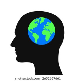 Climate anxiety and Ecological grief. Silhouette of human head with Planet Earth instead of brain. Metaphor of man thinking about universe and environment. Vector illustration isolated on white.