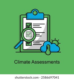 Climate Assessment Icon: Features a clipboard with a checklist, a magnifying glass highlighting a checkmark, and symbols of a cloud, sun, and thermometer. Ideal for environmental evaluation.