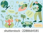 Climate awareness, Earth protection, image with eco friendly components, man holding globe, eco car, leaves. The topic of global warming. Vector illustration