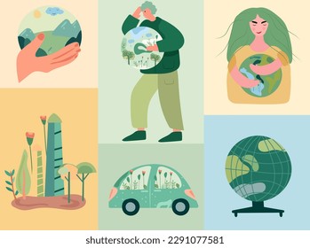 Concienciación climática, protección de la Tierra, imagen con componentes ecológicos, hombro de hombre en globo, auto ecológico, hojas. El tema del calentamiento global. Ilustración del vector