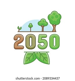 Climate change in 2050 vector illustration, ecology improvement, planting trees, forest growth, save the world illustration isolated on white background.
