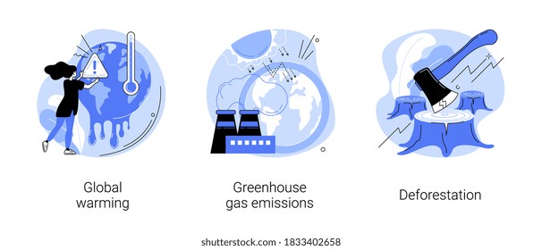 Climate change abstract concept vector illustration set. Global warming, greenhouse gas emissions, deforestation, global heating, air pollution, smog, wildlife degradation abstract metaphor.