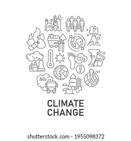 Diseño conceptual lineal abstracto del cambio climático con titular. Emisión de carbono. Idea ecologista minimalista. Dibujos gráficos de línea delgada sobre el calentamiento global. Iconos de contorno vectorial aislado para el fondo