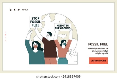 Climate change activism web or landing. Protesting characters with signs advocating for the cessation of fossil fuel use. Demonstration drawing attention to climate change. Flat vector illustration