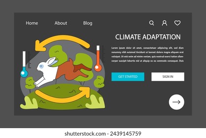 Climate change adaptation web banner or landing page dark or night mode. A rabbit swiftly adapts to changing temperature. Environment shift. Flat vector illustration.