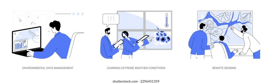 Climate change analyst abstract concept vector illustration set. Environmental data management, learning extreme weather conditions, remote sensing using aircraft and satellites abstract metaphor.