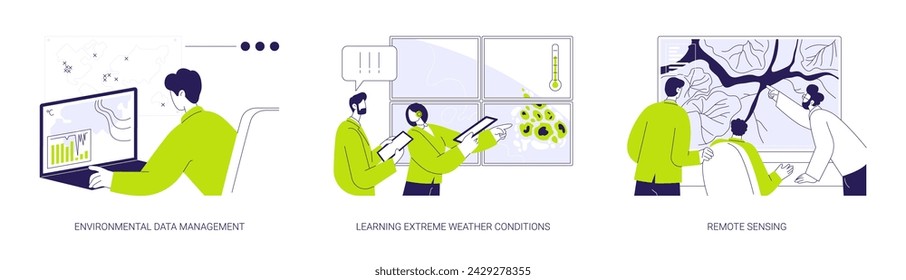 Conjunto de ilustración vectorial de concepto abstracto de analista de cambio climático. Gestión de datos ambientales, aprendizaje de condiciones meteorológicas extremas, teledetección utilizando la metáfora abstracta de aeronaves y satélites.