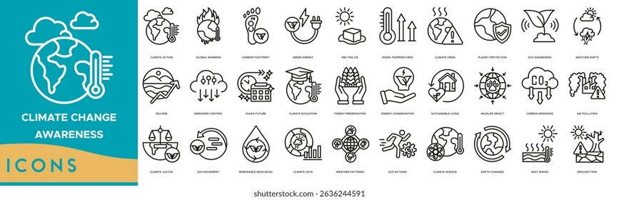 Climate Change Awareness icon set. Climate Action, Global Warming, Carbon Footprint, Green Energy, Melting Ice, Rising Temperatures, Climate Crisis and Planet Protection