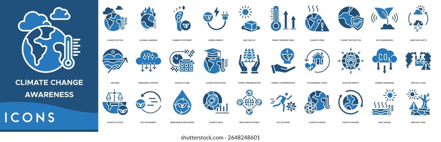 Climate Change Awareness icon set. Climate Action, Global Warming, Carbon Footprint, Green Energy, Melting Ice, Rising Temperatures, Climate Crisis and Planet Protection