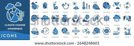 Climate Change Awareness icon set. Climate Action, Global Warming, Carbon Footprint, Green Energy, Melting Ice, Rising Temperatures, Climate Crisis and Planet Protection