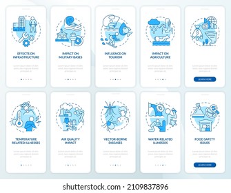 Climate change blue onboarding mobile app screen set. Global warming walkthrough 5 steps graphic instructions pages with linear concepts. UI, UX, GUI template. Myriad Pro-Bold, Regular fonts used