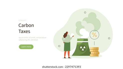 Climate change. Character looking at traditional fossil industry and calculating carbon credits. Carbon footprint impact reducing concept. Vector illustration.
