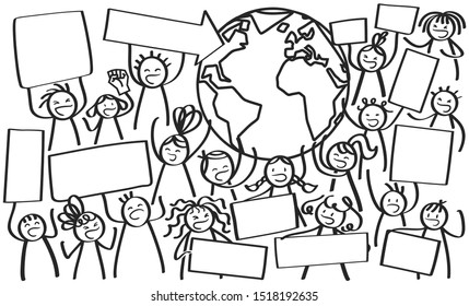Climate change, children marching, kids protesting, holding up billboards and globe, stick figures, demonstration, coloring page
