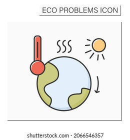 Climate change color icon. Earth globe suffering global warming with thermometer. Greenhouse effect, co2 gas emission and ozone screen issue concept. Isolated vector illustration