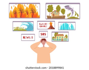 Climate change concept background flat, cartoon vector. World disasters. Warming planet earth